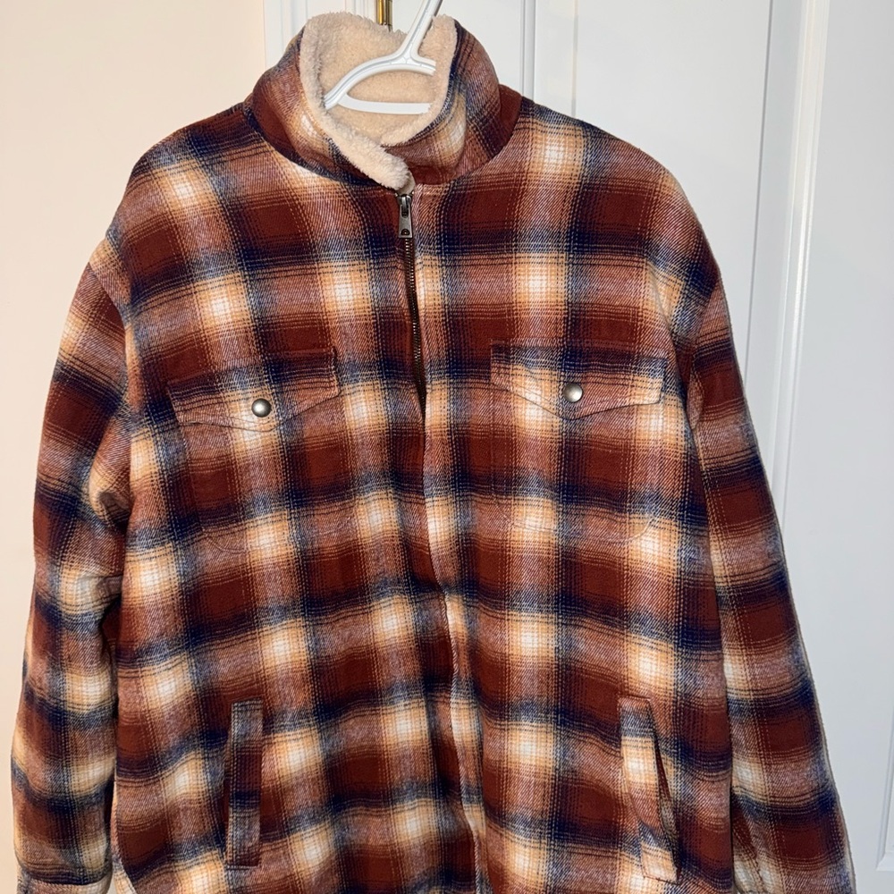 Plaid Fleece-Lined Men's Sweater Jacket - Brown